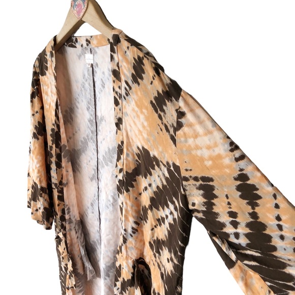 Keep In Touch Boho Tan Black Tie Dye Open Duster Cardigan Long Line Large - Picture 5 of 8